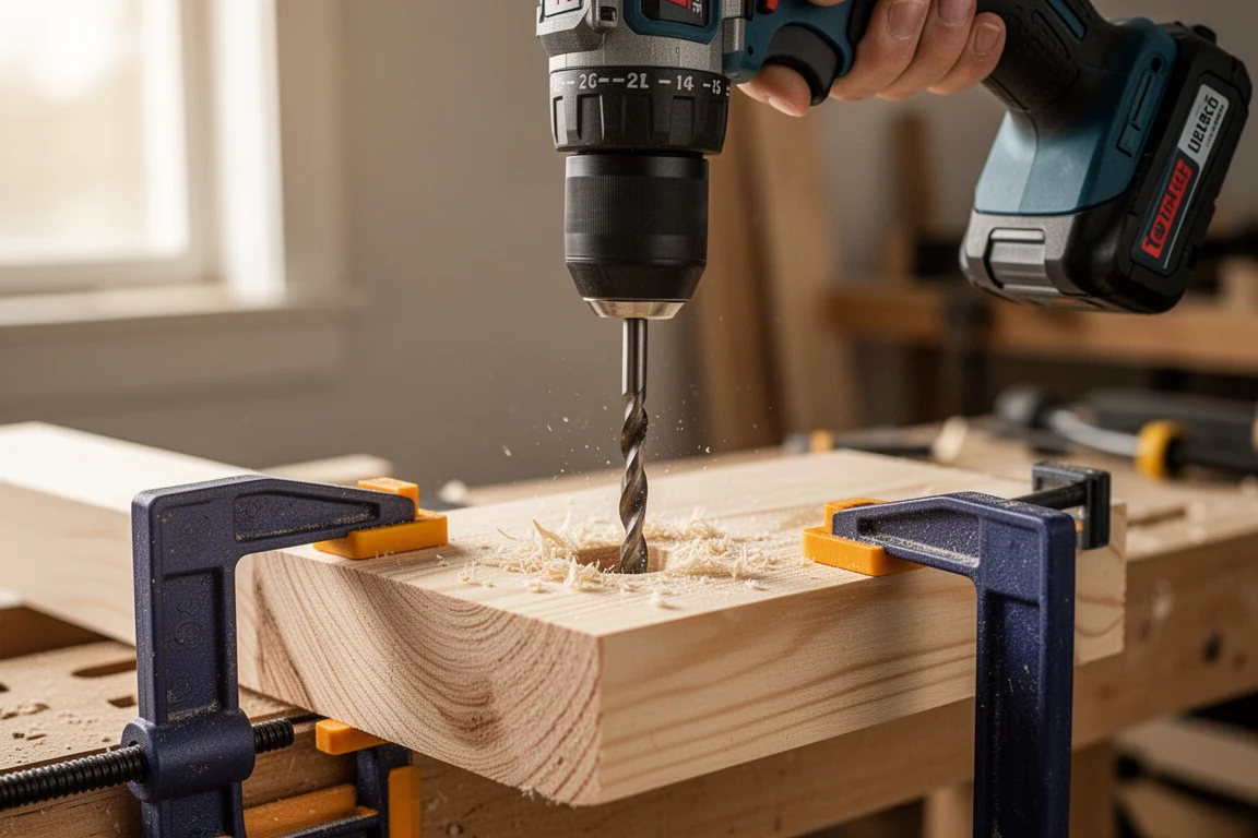 Cordless drill driving into a pine board on a workbench