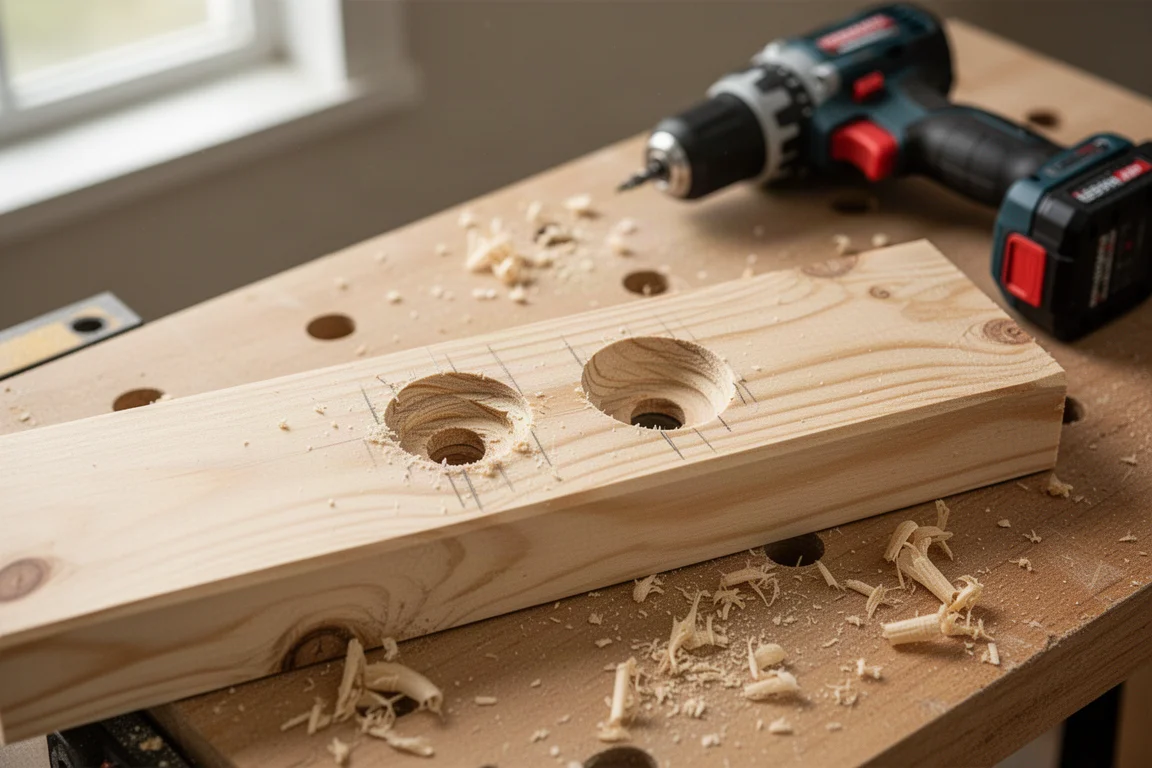Two cordless drill holes of different depths in a wooden board