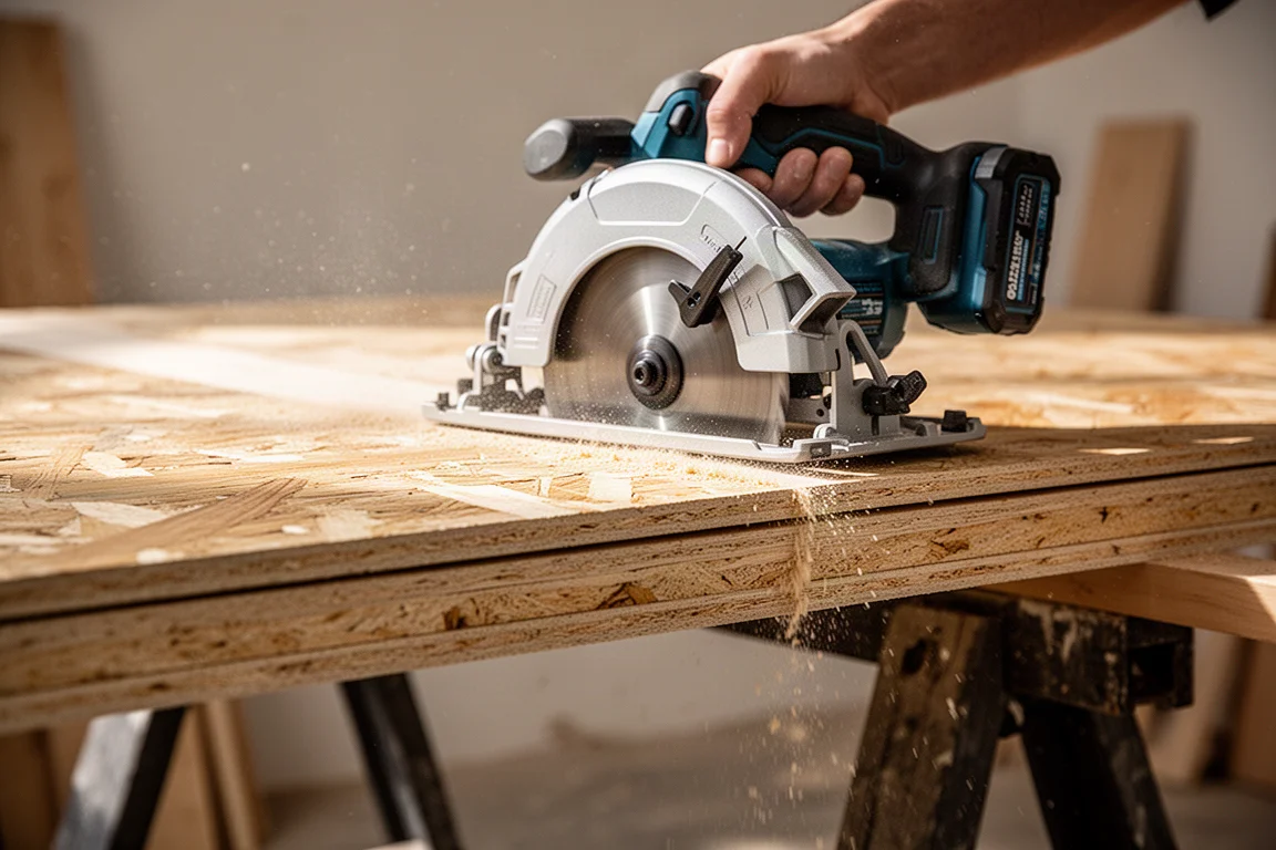 Circular saw mid-cut through stacked OSB panels with sawdust flying