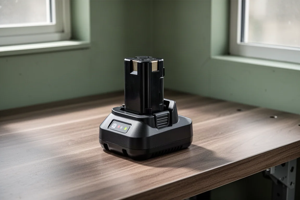 Cordless tool battery pack charging on a workbench