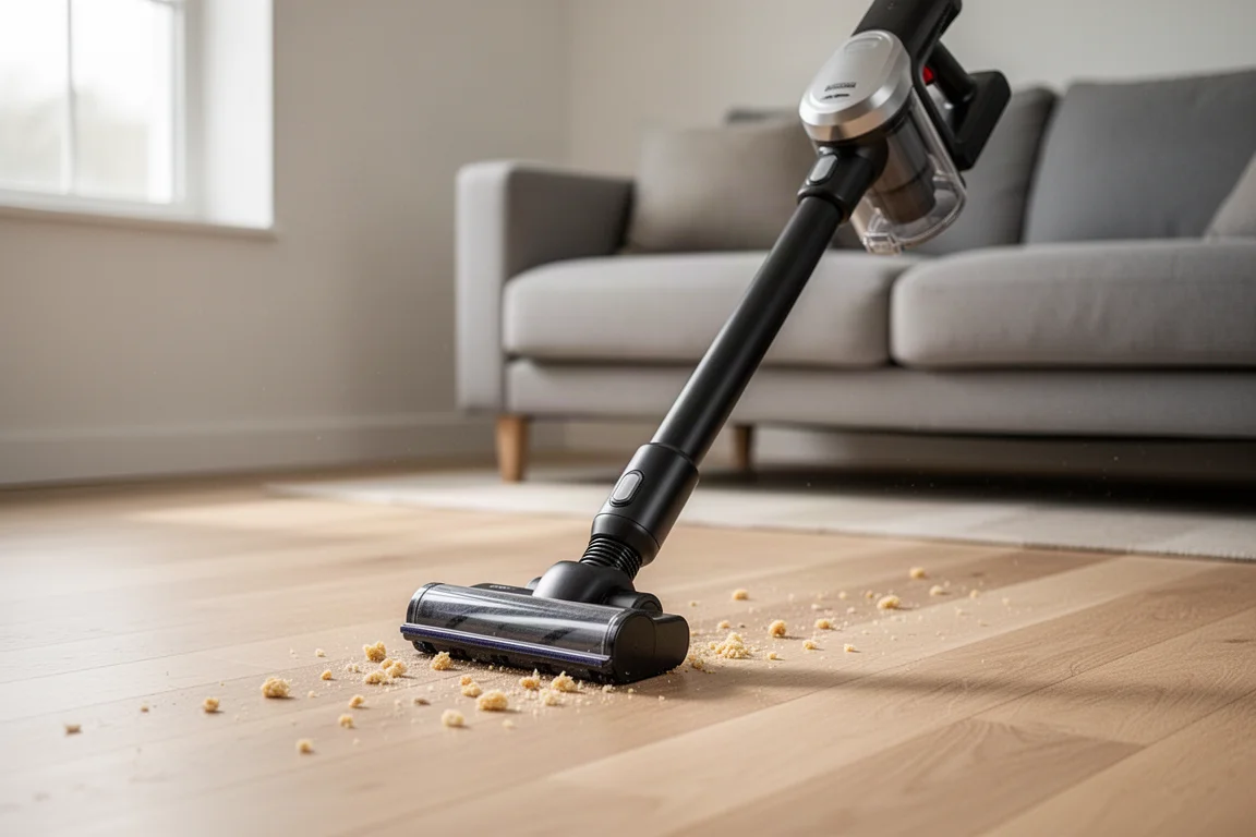 Cordless stick vacuum cleaning a hardwood floor in a bright modern living room