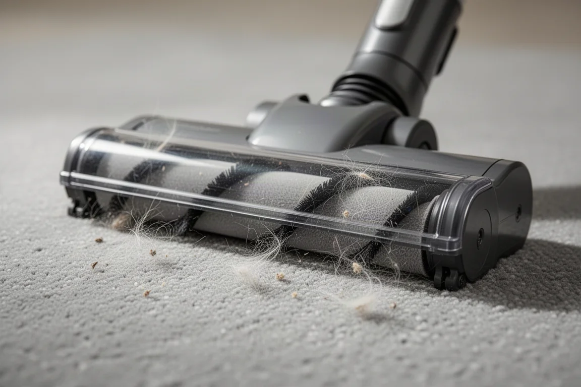 Close-up of a vacuum roller bar picking up long pet hair from a carpet