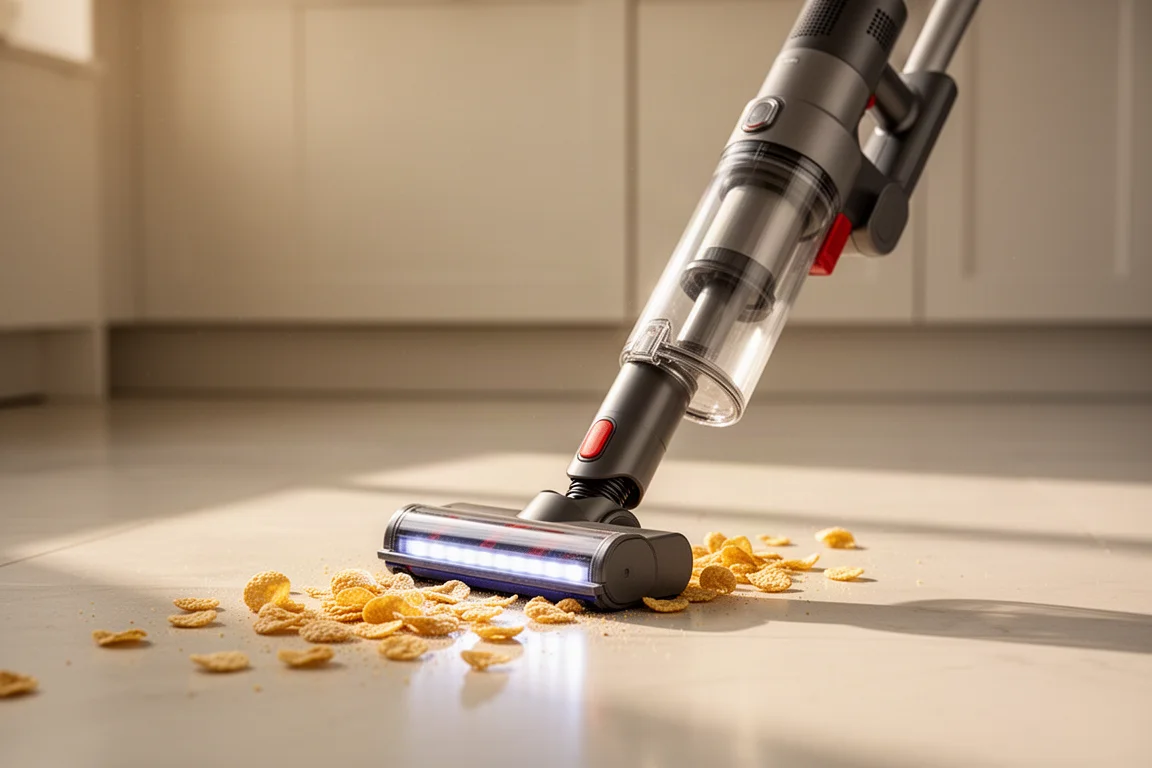 Stick vacuum with LED light cleaning cereal from a kitchen floor