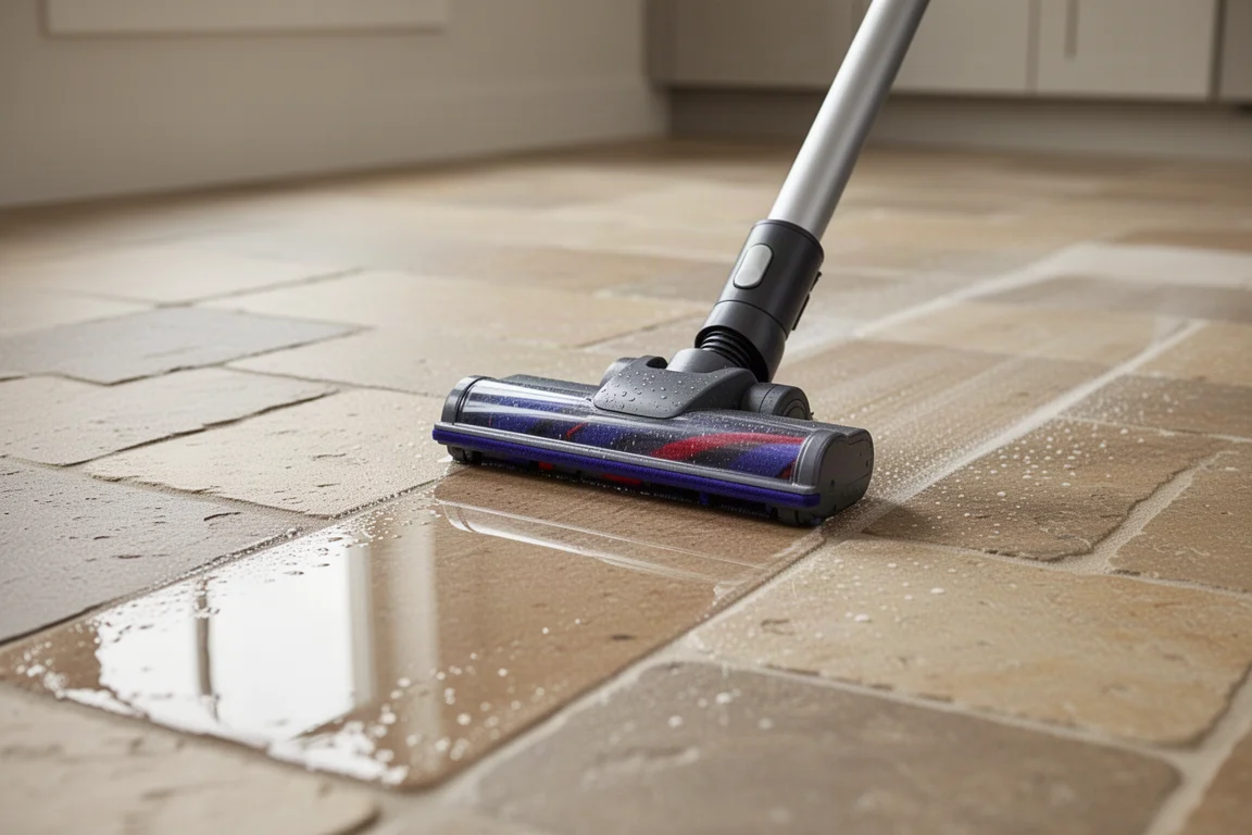 Vacuum head leaving a clean, damp path across a tile floor