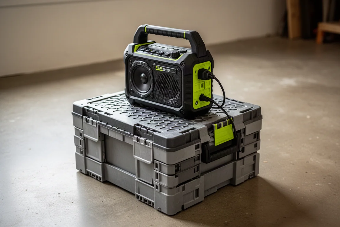 Jobsite radio clicked onto the top of a stackable storage box