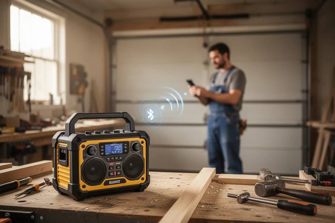Worker using a phone to stream music across a workshop