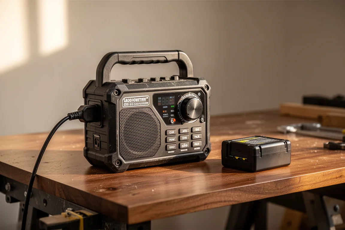 Radio plugged into wall power next to a battery pack on a workbench