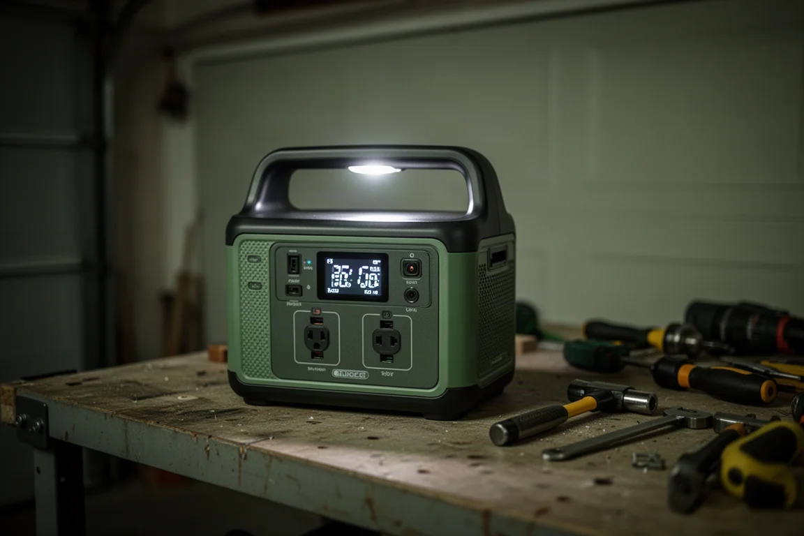 Batteridriven kraftstation på en garagebänk under ett strömavbrott i hemmet i skymningen