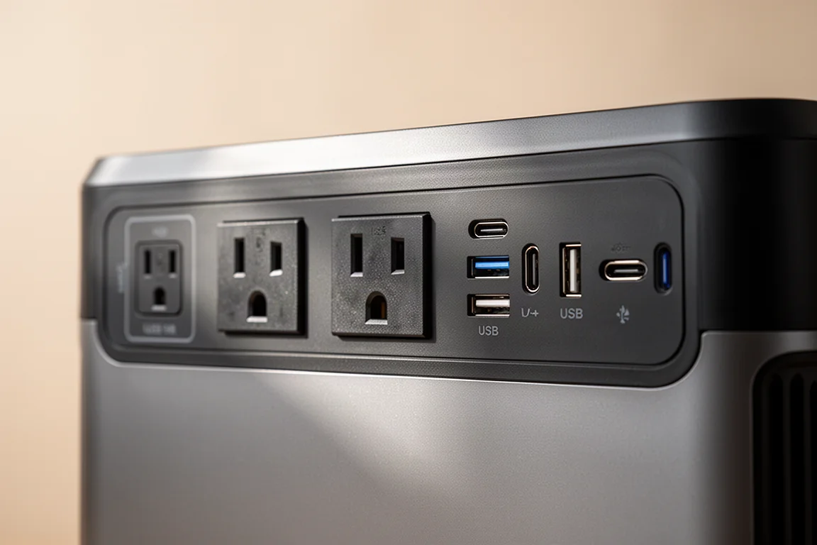 Närbild på en kraftstations uttagspanel som visar AC- och USB-portar