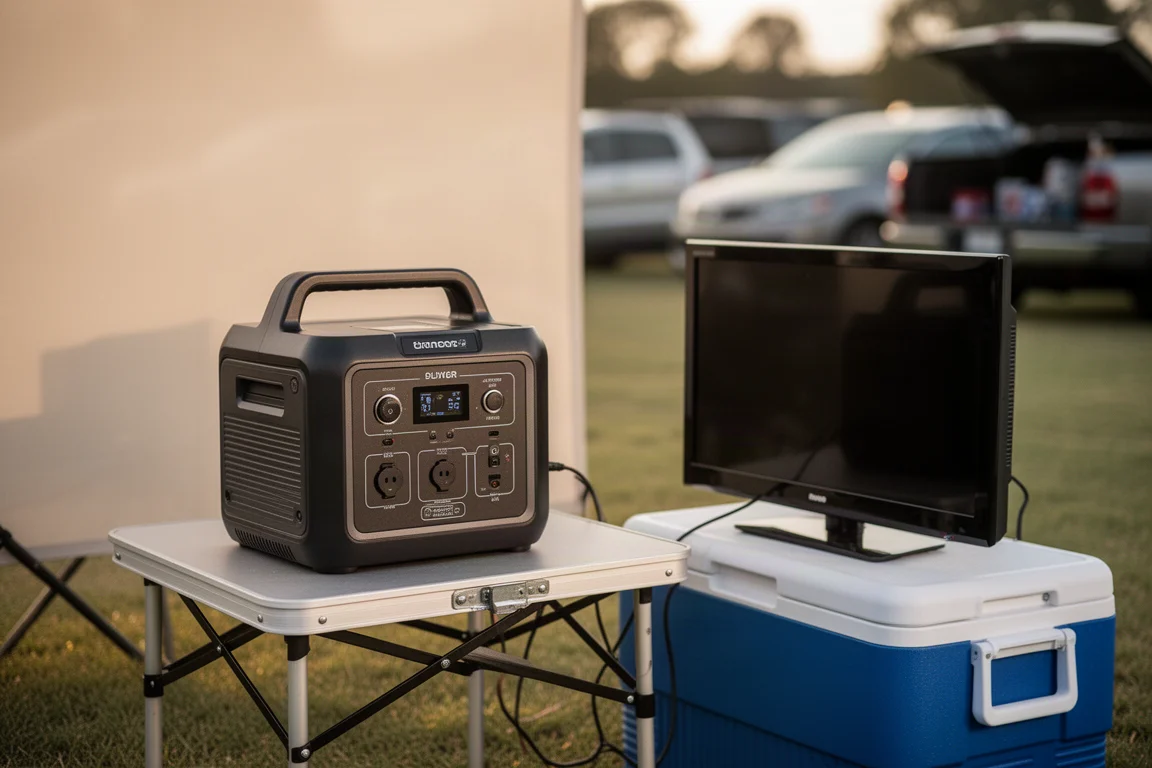 Tailgating-scen med en bärbar kraftstation som driver en liten tv