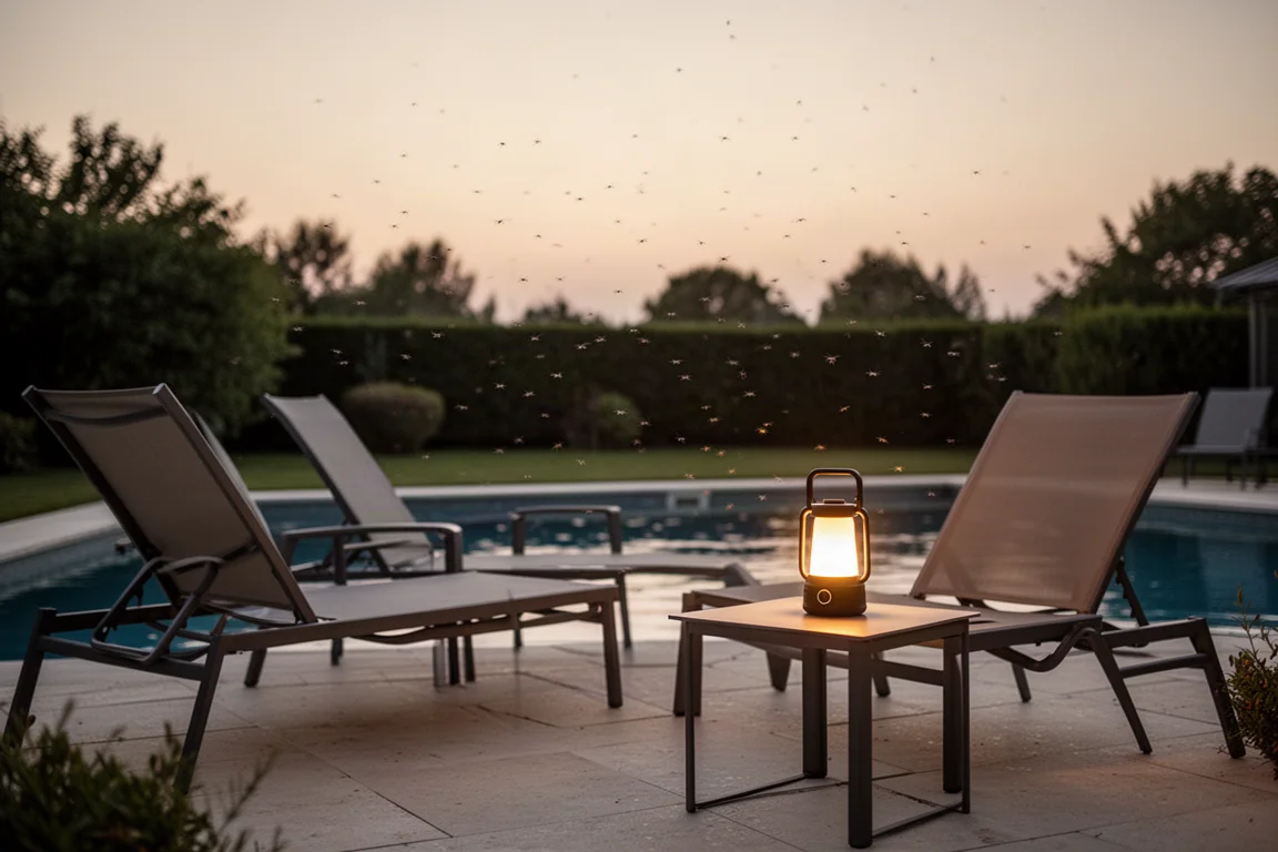 Patio table at dusk beside a pool with warm evening lighting