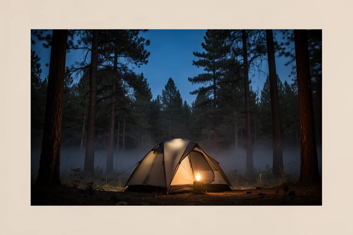Tent campsite in the woods at night with a warm glowing light