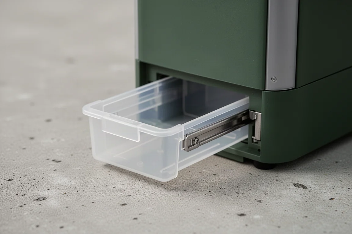 Close-up of hands cleaning a removable insect tray from an outdoor device