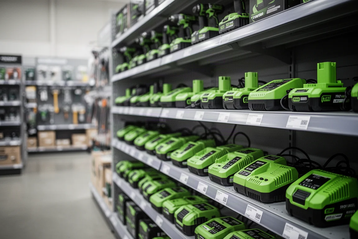 Shelf of bright green cordless power tool batteries in a hardware store