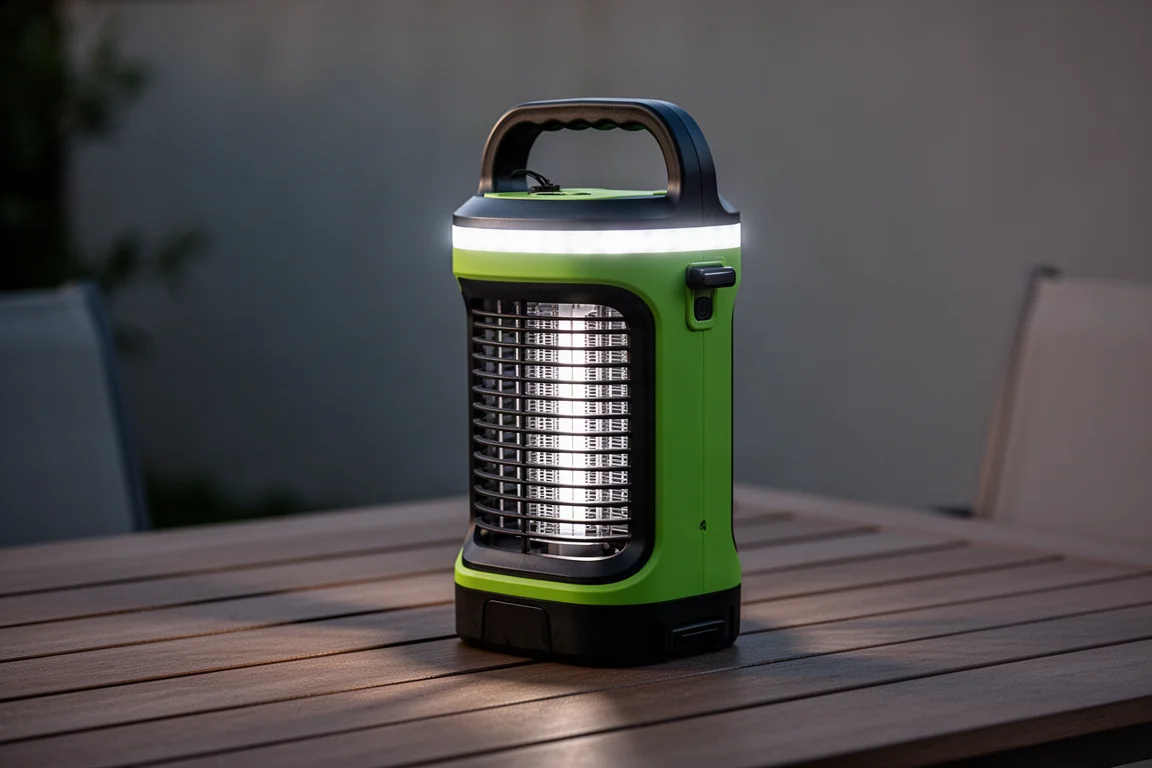 Ryobi 18V ONE+ Bug Zapper w zielonej obudowie z oświetleniem LED na stole patio