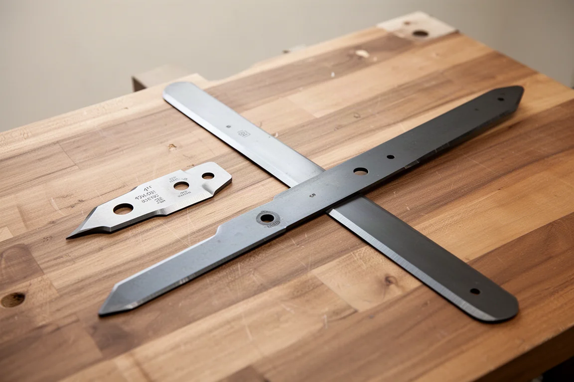 Two interchangeable blades laid on a wooden workbench