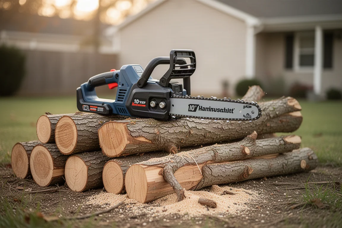 Cordless chainsaw resting on cut logs in a yard
