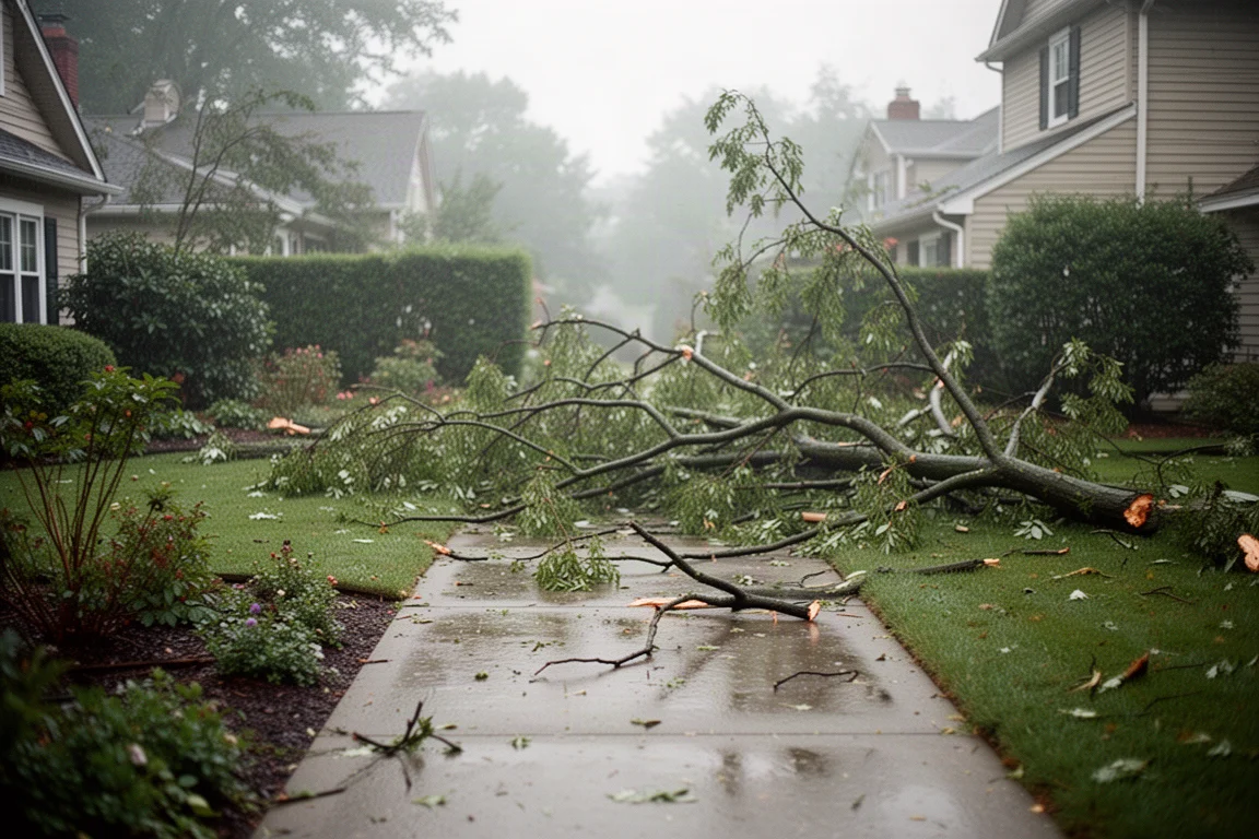 Storm-damaged branches being cleared from a garden path
