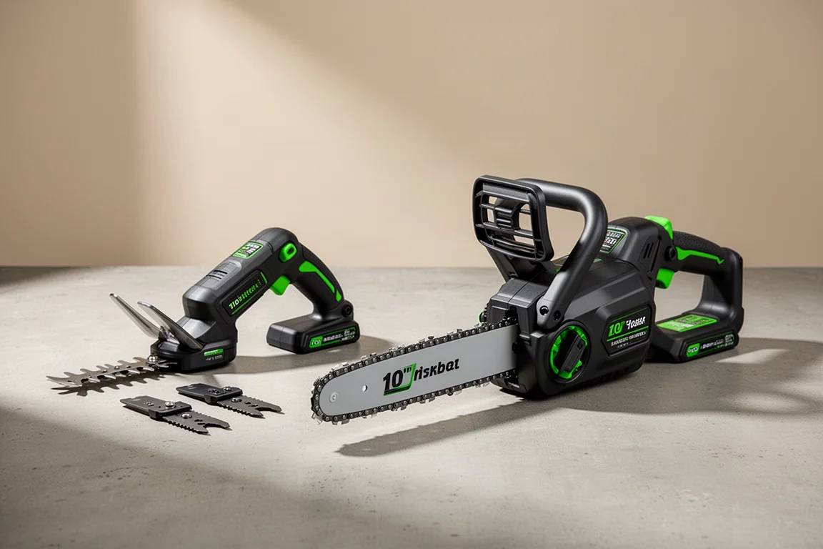 Ryobi shear shrubber and 10-inch cordless chainsaw arranged on a concrete surface
