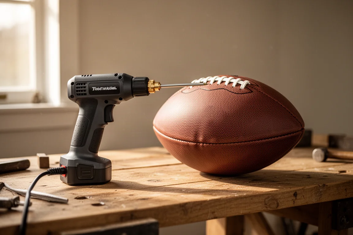 Tubo flessibile del gonfiatore collegato a un pallone da football sgonfio su un banco da lavoro in garage