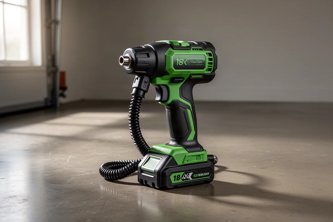 Bezprzewodowy inflater Ryobi 18V One+ z wężem i akumulatorem na betonowej podłodze garażu