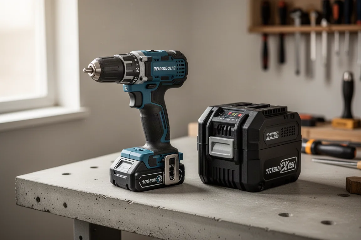 Trapano a batteria appoggiato su una banco di lavoro accanto a un grande pacco batteria