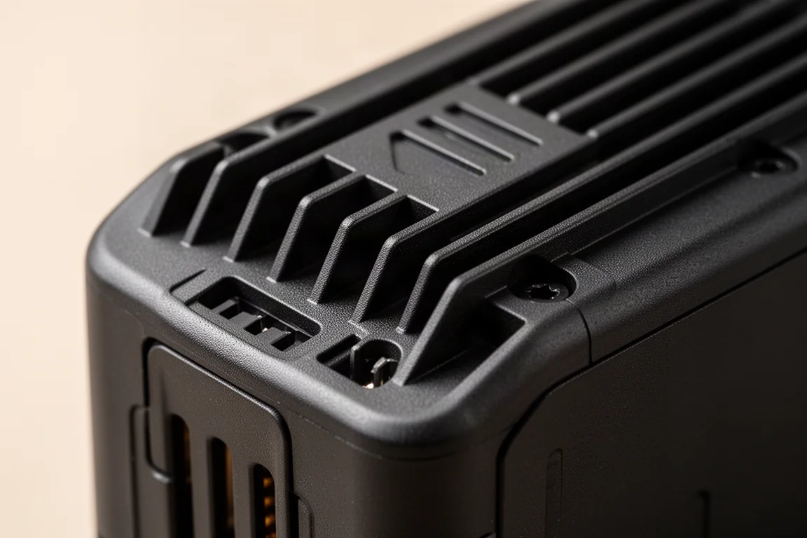 Pinne del dissipatore e dettaglio di raffreddamento su un pacco batteria in primo piano
