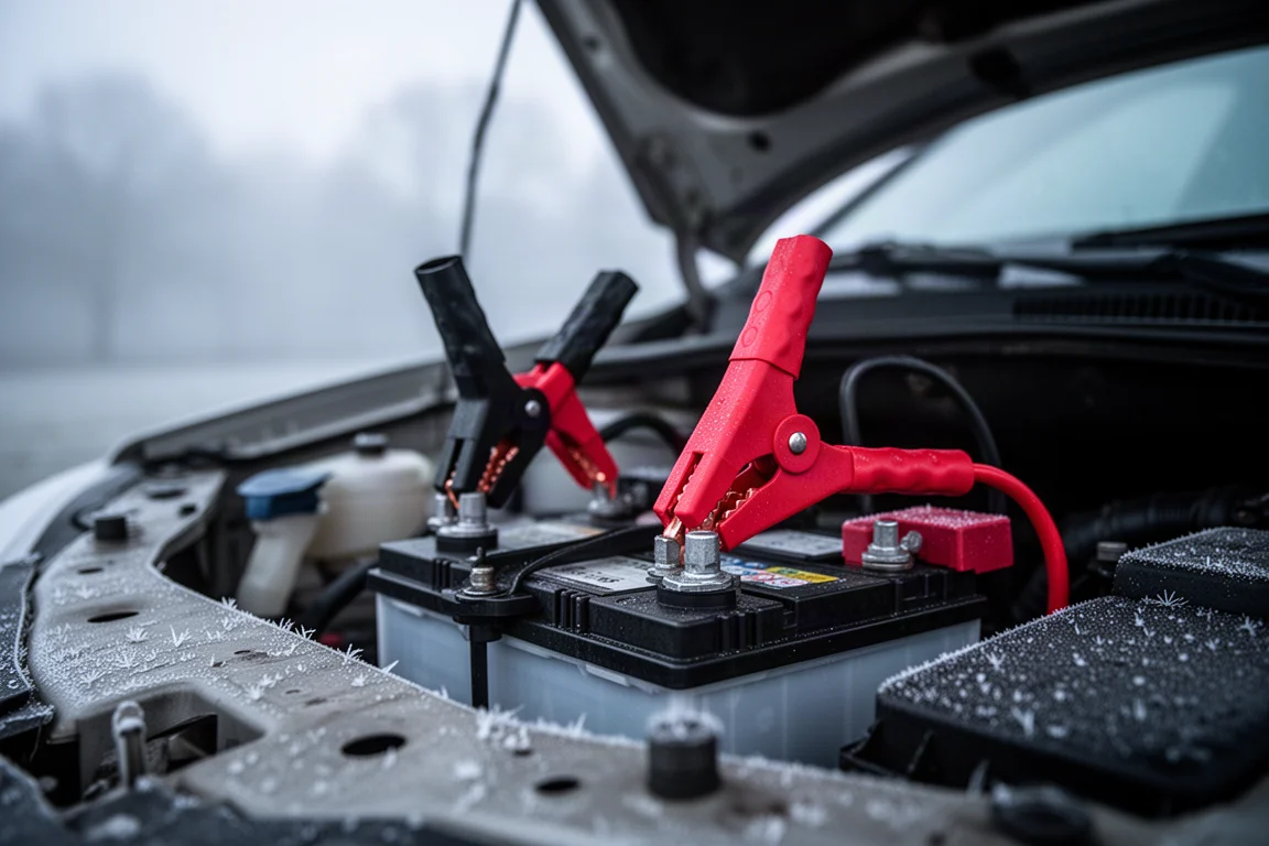 Accuklemmen aangesloten op een autobatterij op een koude ochtend