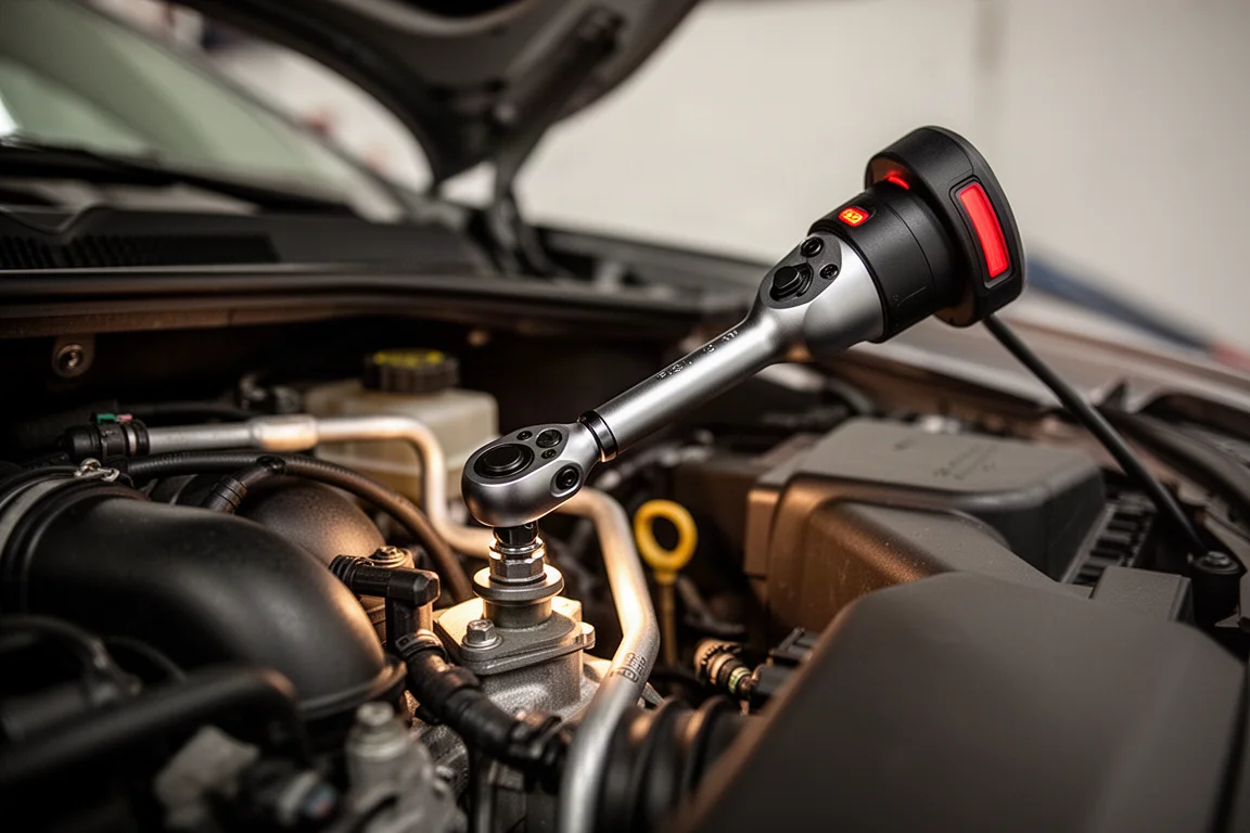 Accu-ratchet die een bevestigingspunt bereikt in een krappe motorruimte