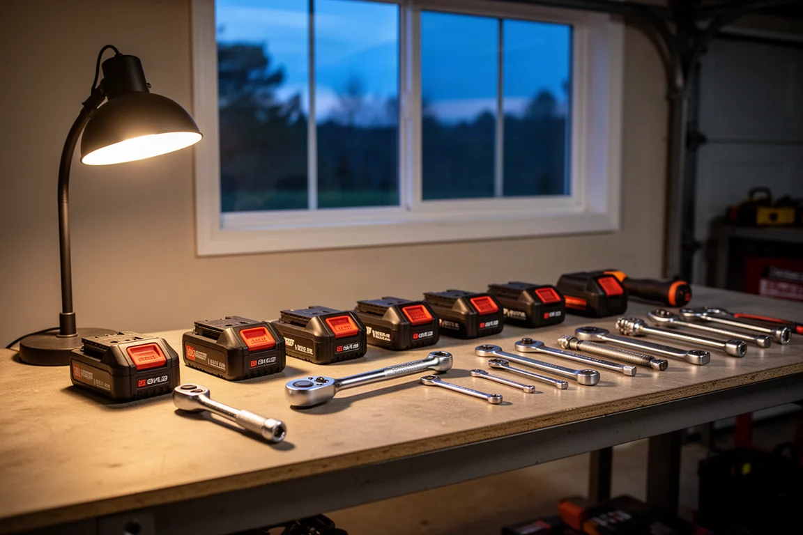 Werkbank met One+ accu's en autogereedschap in de schemering