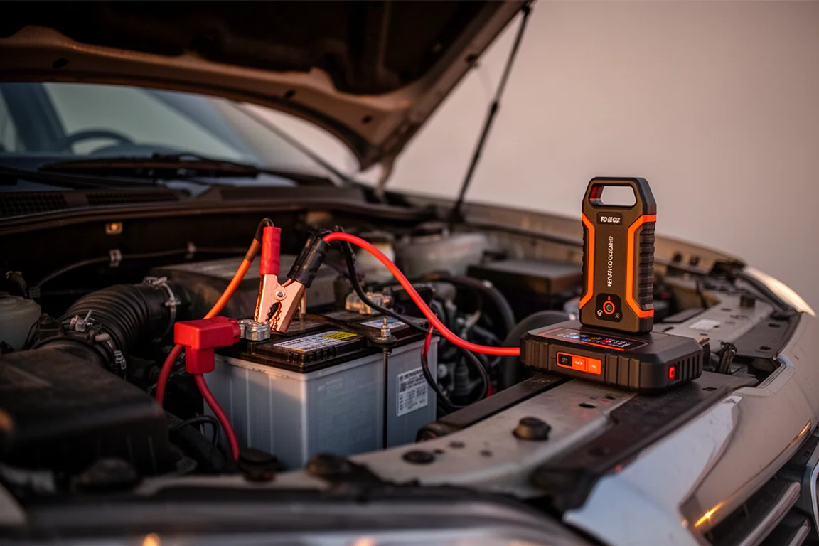 Capó de coche abierto al anochecer con cables de arranque conectados a la batería