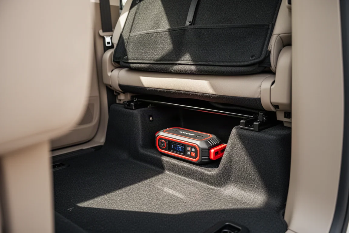 Arrancador de emergencia guardado bajo el asiento del coche