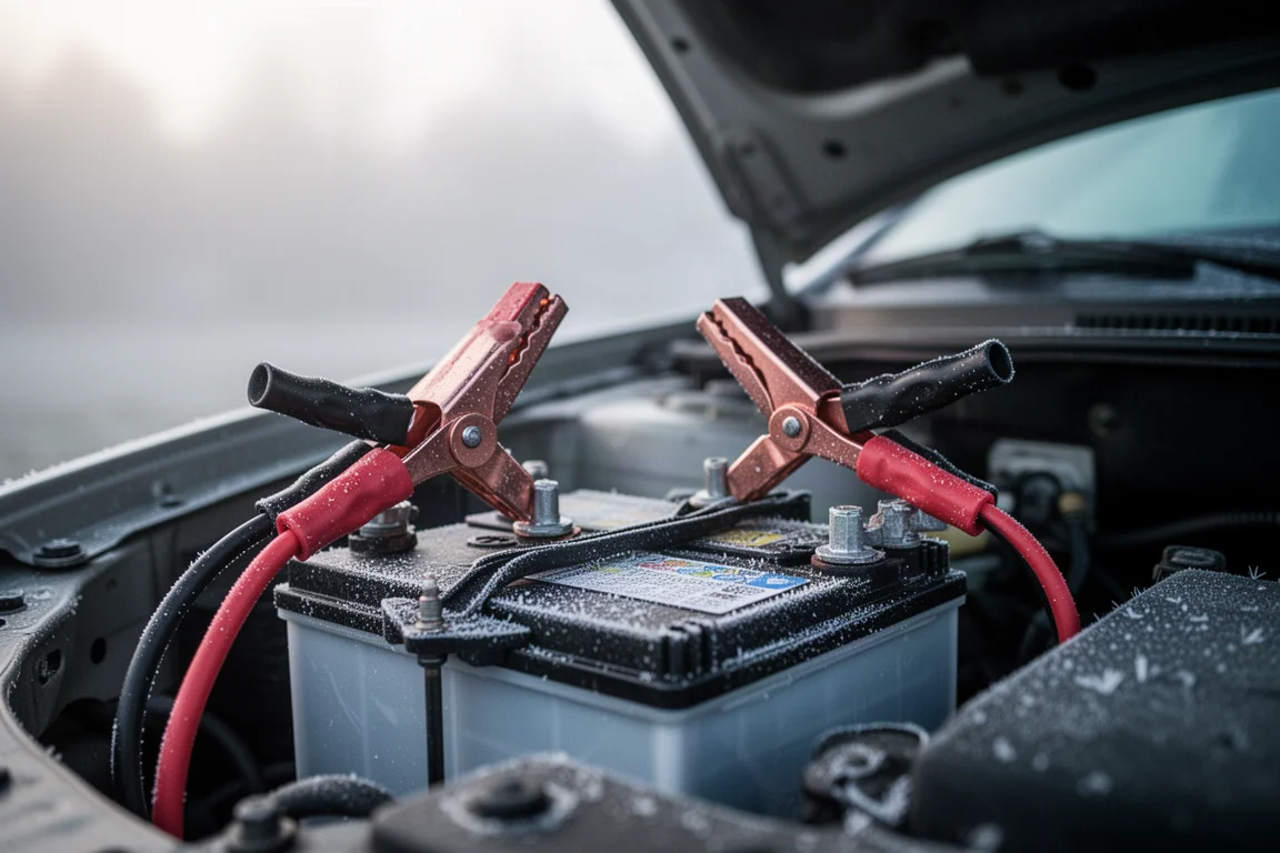 Cavi di avviamento collegati alla batteria di un'auto sotto un cofano aperto all'alba