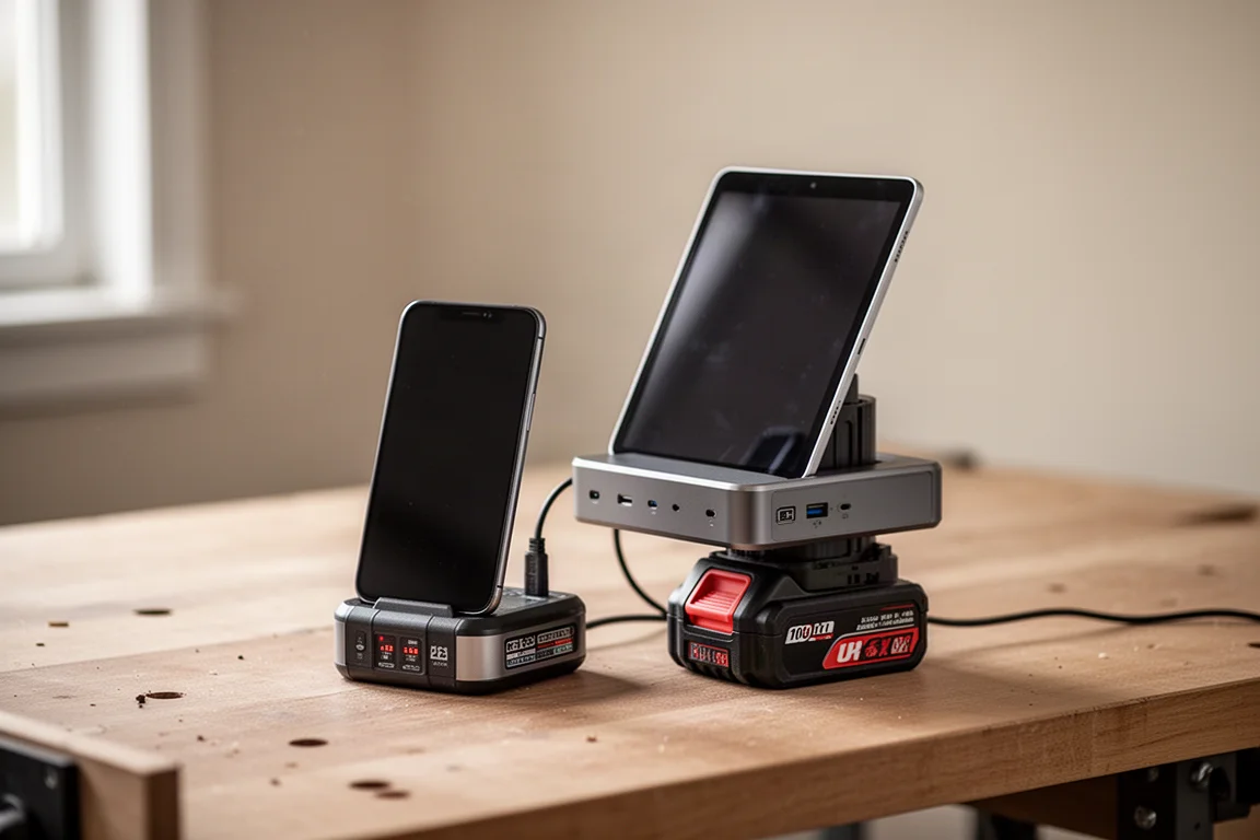 Smartphone und Tablet auf einer tragbaren Energieeinheit abgelegt, die auf einem Werkzeugakku aufgesetzt ist