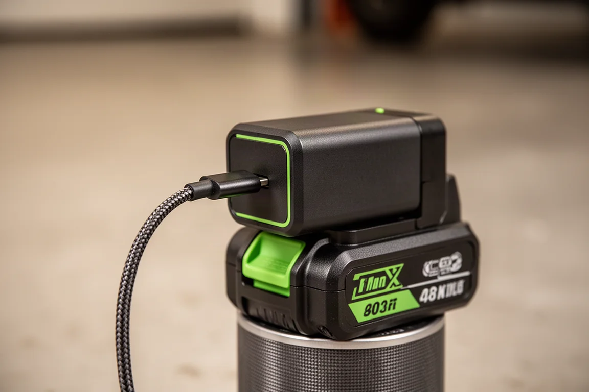 USB-C-Kabel in eine tragbare Energieeinheit auf einem Garagenregal eingesteckt