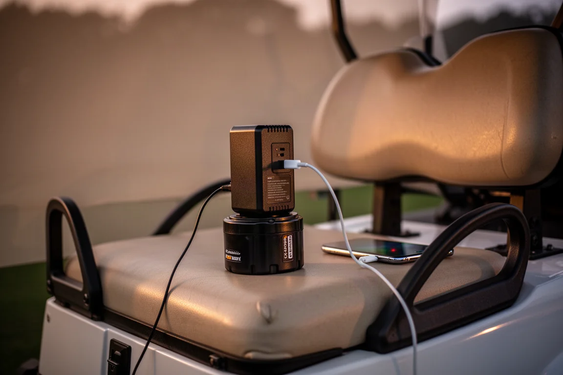Tragbare Energieeinheit auf einem Akku in einem Golfcart in der Abenddämmerung