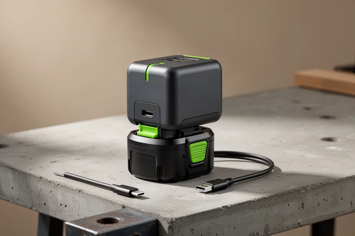 Ryobi 18V ONE+ power source docked on a battery on a workbench