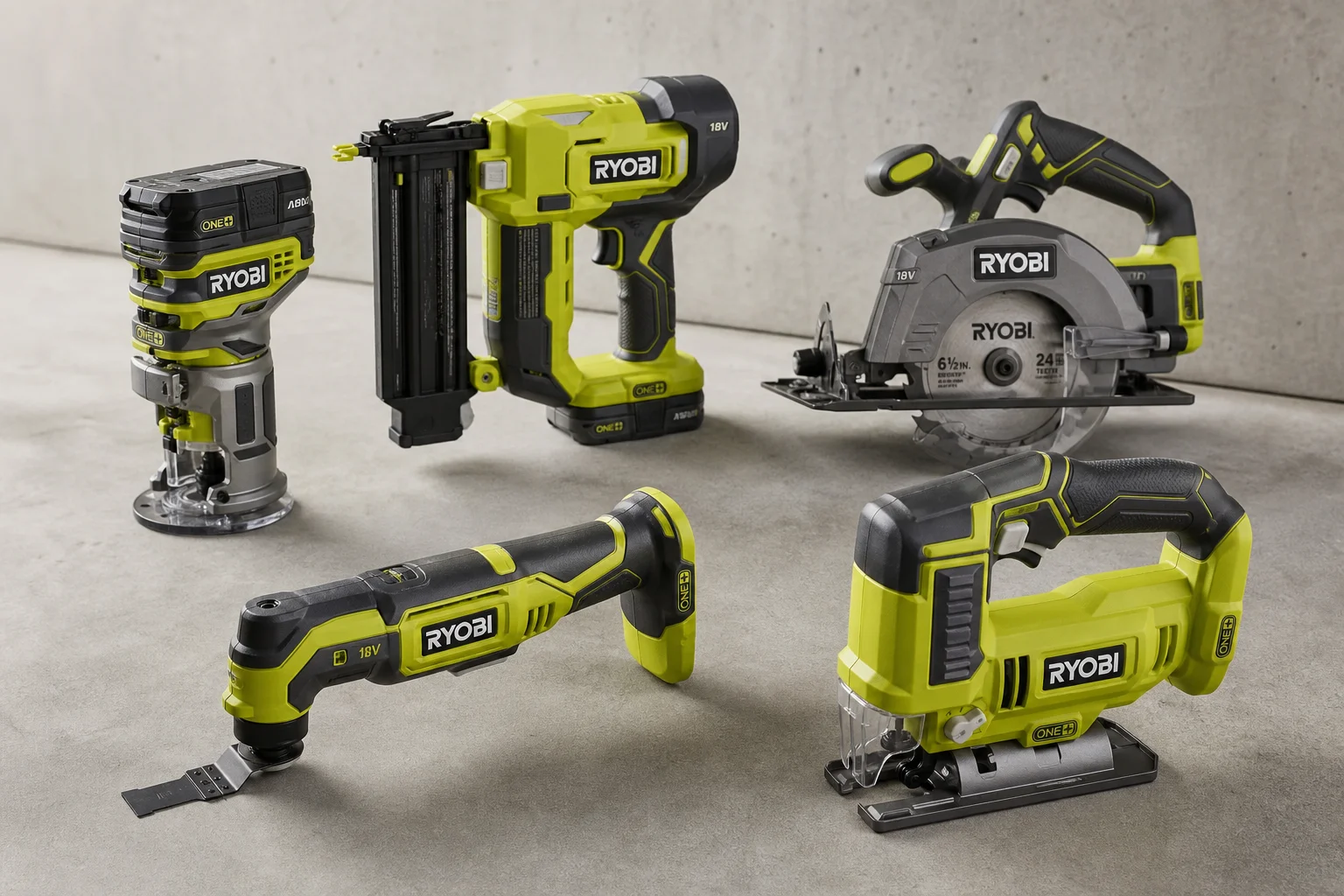 Utensili a batteria Ryobi 18V One+ disposti su una superficie in cemento