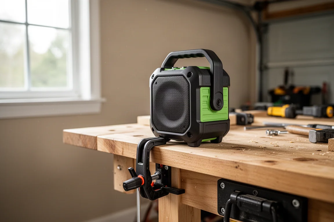 Portable speaker clamped to a workbench edge in a home garage