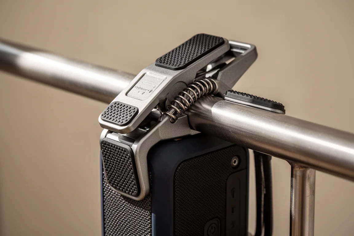 Close-up of a spring clamp mechanism gripping a metal railing