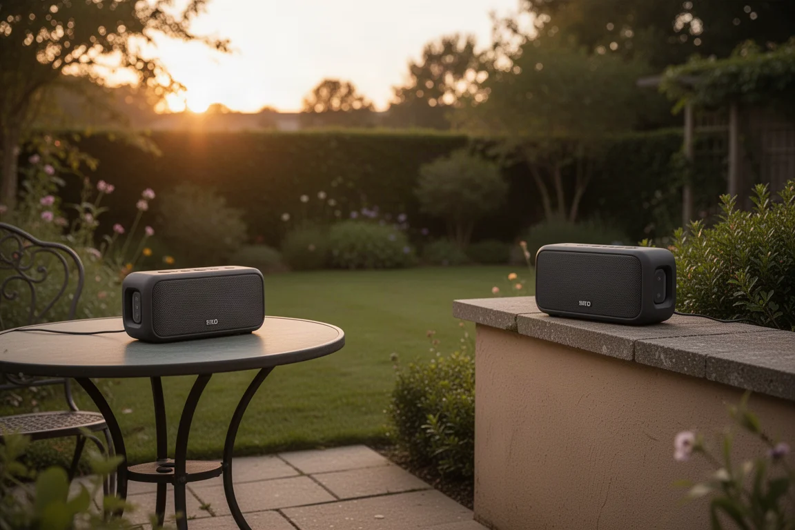 Two speakers placed apart across a backyard patio scene