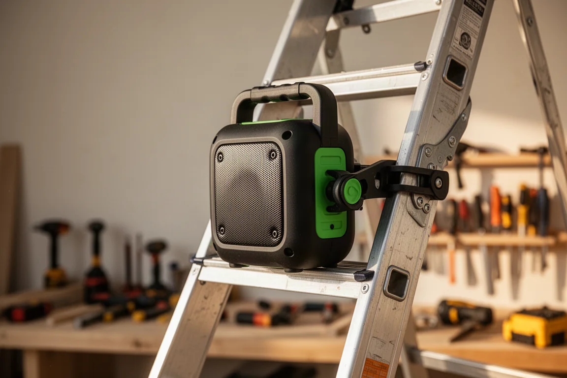 Speaker clamped above ground level in an active workshop