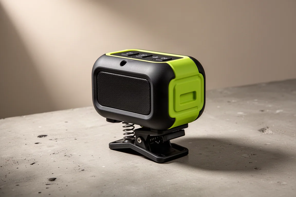 Głośnik Ryobi 18V ONE+ Verse Clamp Speaker na betonowej powierzchni warsztatu
