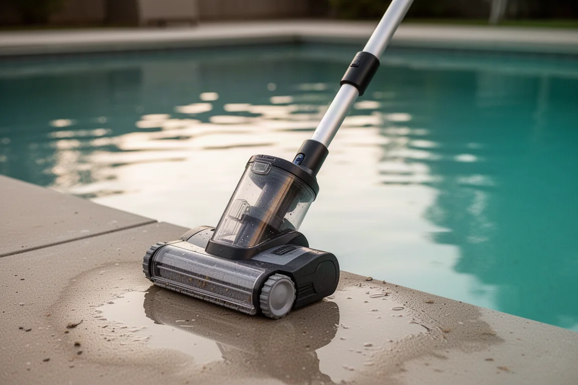 Cabeça de aspirador de piscina sem fio presa a uma vara telescópica apoiada no deck de concreto da piscina