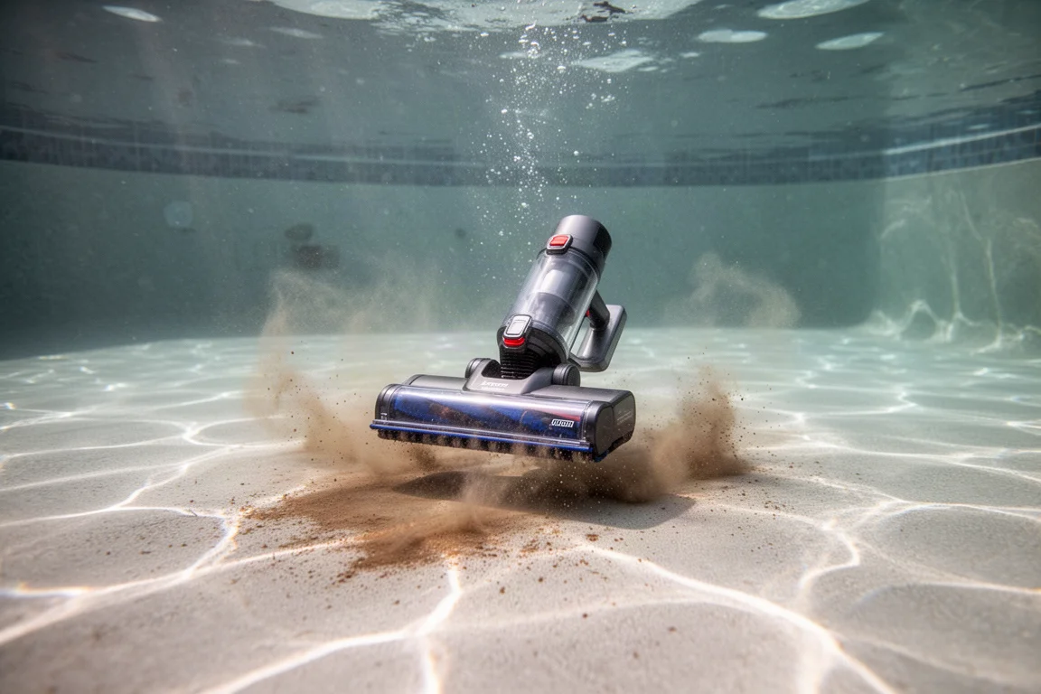 Aspirador de piscina afundando abaixo da superfície da água com detritos finos no fundo da piscina