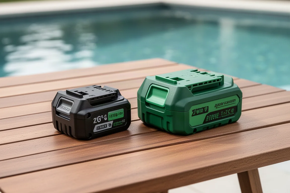 Duas baterias de ferramentas sem fio de tamanhos diferentes sobre uma mesa na borda da piscina