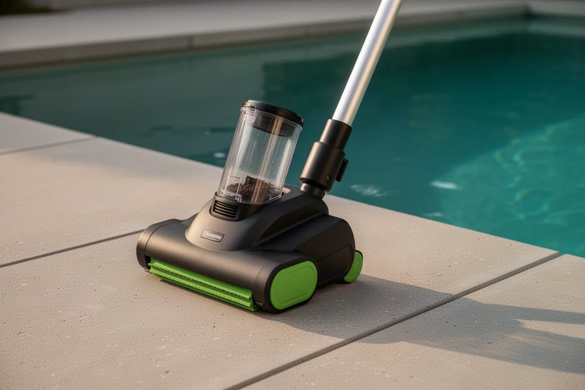 Cordless pool vacuum head on a pole resting on a concrete pool deck