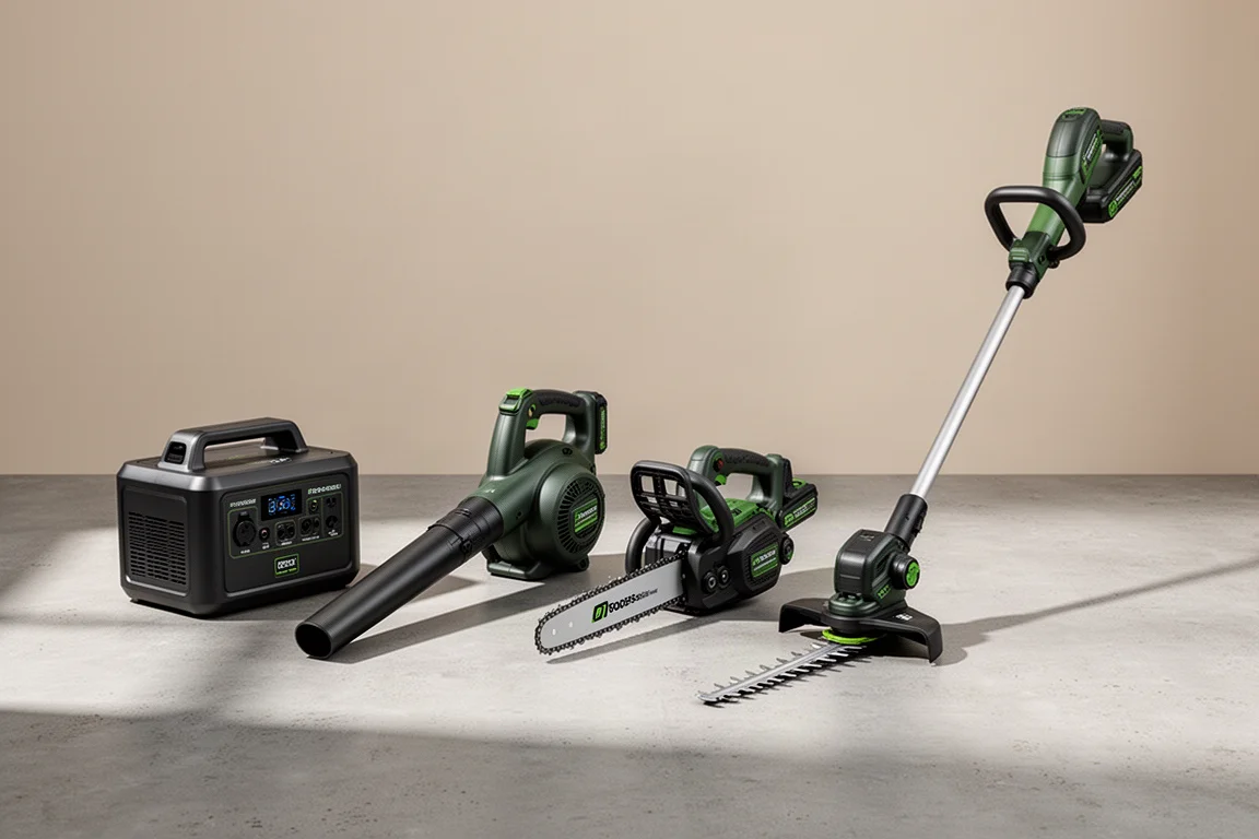 Ryobi cordless outdoor power tools arranged on a concrete surface