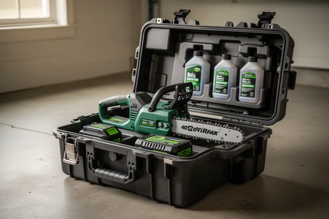 Valigetta rigida aperta con motosega, pacchetto batteria e bottiglie di olio per catena