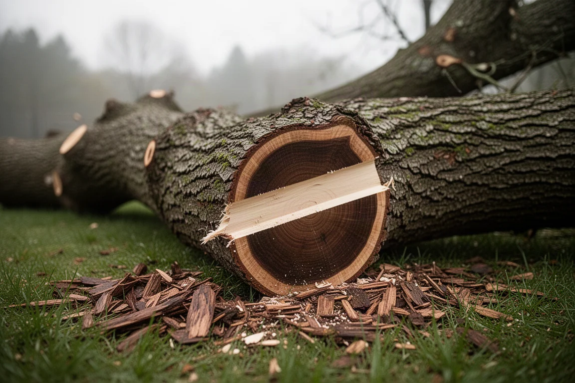 Grosso ramo di legno duro appena tagliato a terra con taglio pulito ben visibile